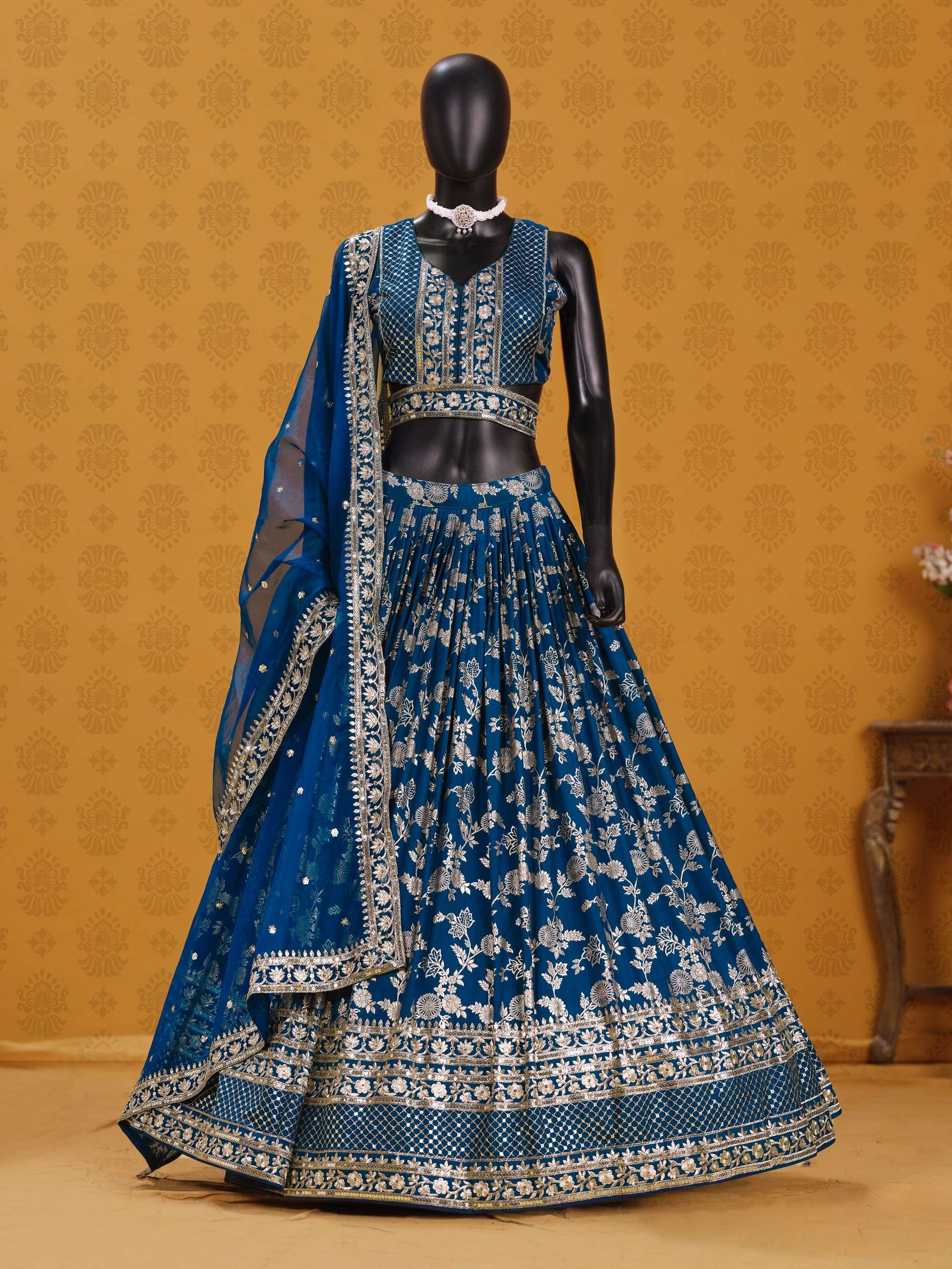 This Regal Dove Blue colour with Floral and Embroidered Dola Silk Jacquard fabric Lehenga Choli reseller in surat 7100 Dove Blue This Regal Dove Blue colour with Floral and Embroidered Dola Silk Jacquard fabric Lehenga Choli reseller in surat 7100 Dove Blue